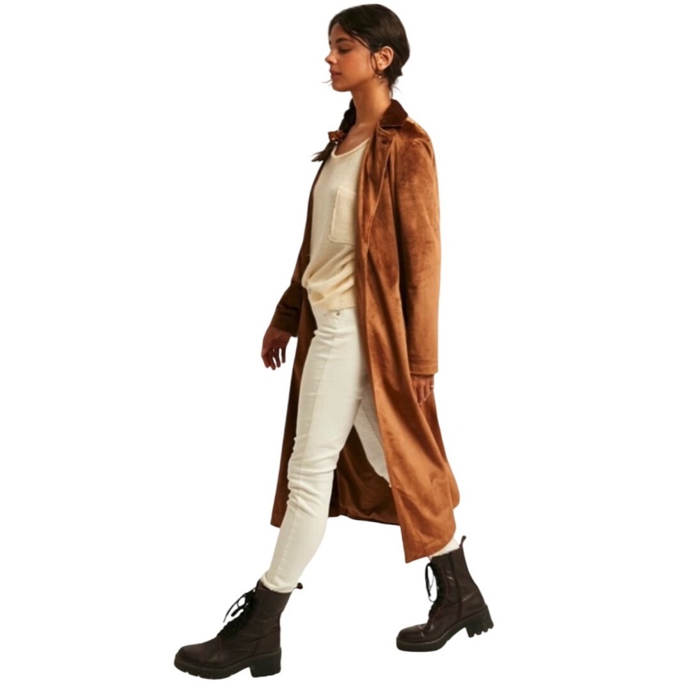 Camel Brown Velvet Duster Long Coat Jacket Collared Pockets Slits Size‎ S